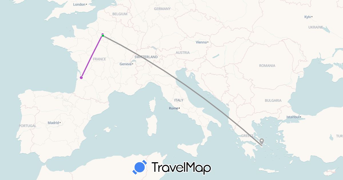TravelMap itinerary: bus, plane, train in France, Greece (Europe)